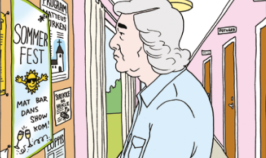 Tegning som viser en eldre person med skulderlangt grått hår som står i en rosamalt gangvei og ser tenksomt på en tavle. På tavla henger en flyer med teksten "Sommerfest - mat, bar, dans show, kom!"