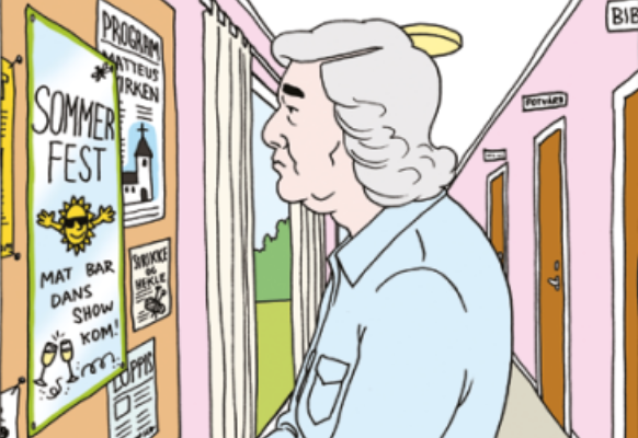 Tegning som viser en eldre person med skulderlangt grått hår som står i en rosamalt gangvei og ser tenksomt på en tavle. På tavla henger en flyer med teksten "Sommerfest - mat, bar, dans show, kom!"